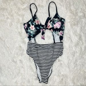 Floral + Stripes Cutout One Piece